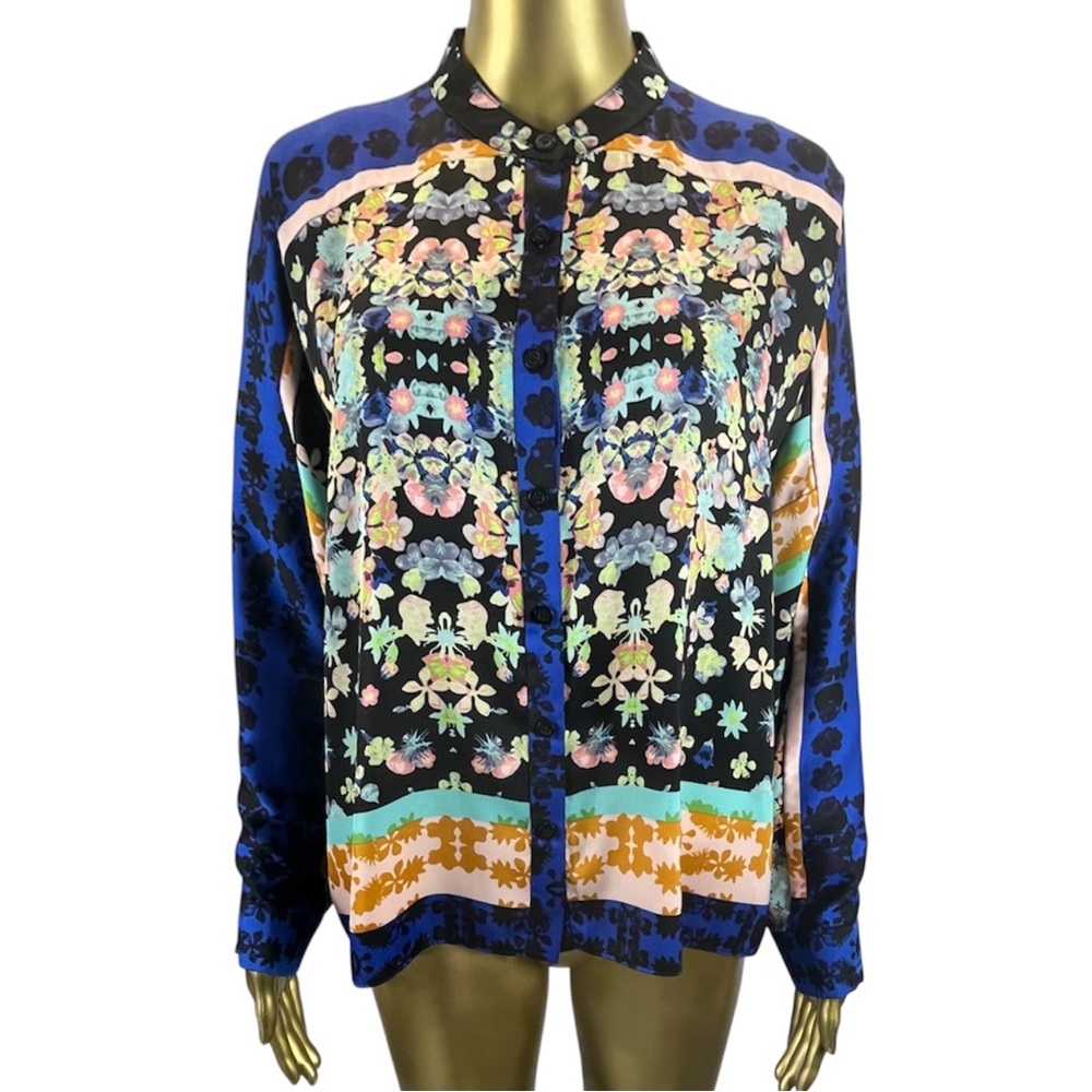 Rachel Roy Flowy Floral Print Button Up Top Mixed Print Statement Blouse Large